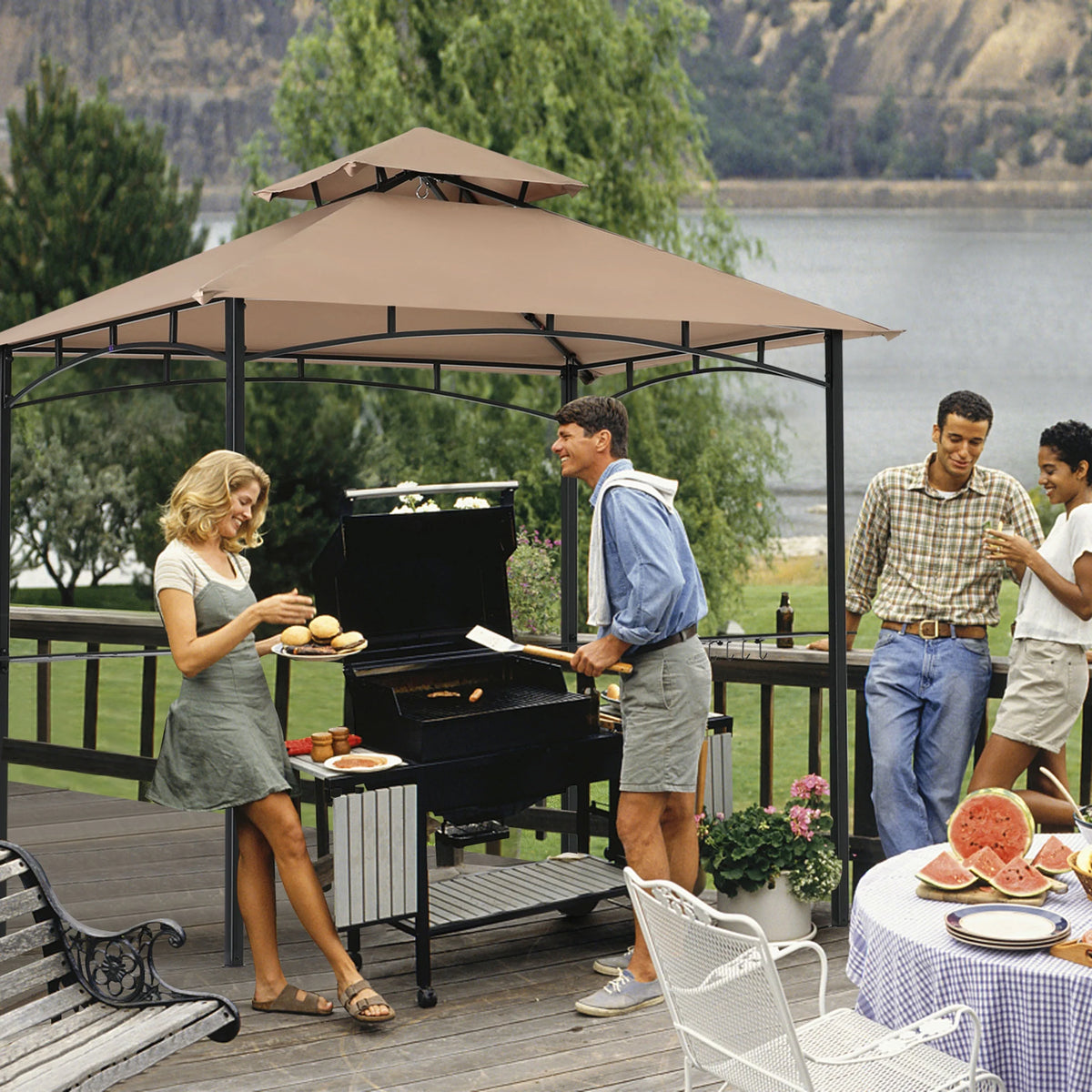 MASTERCANOPY 8' x 5' Grill Gazebo Outdoor BBQ Gazebo Canopy with LED Lights for Patio, Brown