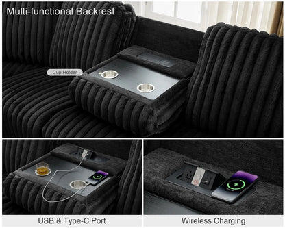 Power Reclining Sectional Sofa with Wireless Charger,6-Seater Faux Fur Sectional with Recliners,Hidden Cup Holders,Storage Console,USB & Type-C Ports,Black