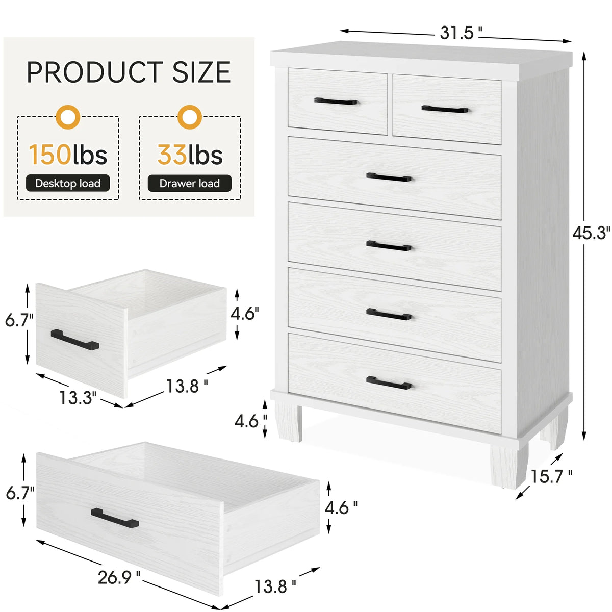 Homhougo White Dresser for Bedroom 6 Drawer, Wood Organizer Storage Cabinet with Gray Strip Drawer Door, Chest of Drawers for Closet, Living Room, Hallway, Nursery, Kids Bedroom