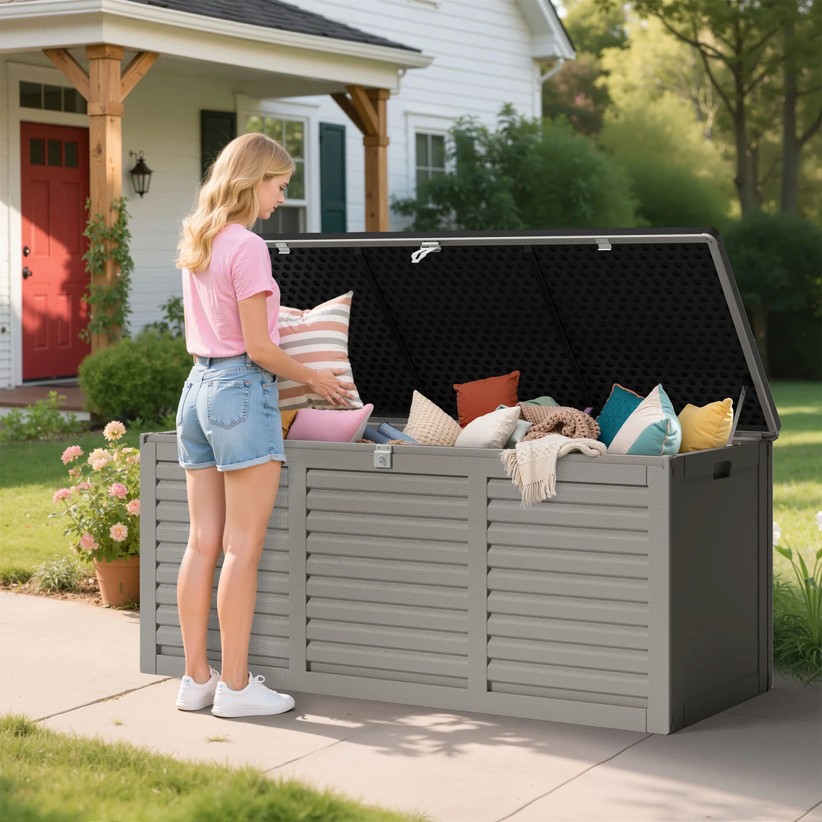Outdoor Storage Box, 130GAL Waterproof Deck Box, Lockable Pool Patio Storage Indoor Toy Box, Outdoor Storage Bench for Porch, Max Load Weight 500LBS